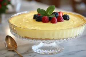 A close-up of fresh ingredients for crab brûlée, including crab meat, eggs, cream, and a vanilla bean, arranged on a marble countertop