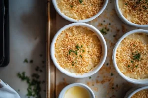 Ramekins filled with creamy crab mixture and topped with breadcrumbs, ready for baking