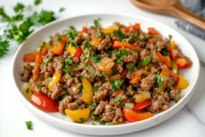 Colorful sausage and peppers skillet with ground sausage, bell peppers, and onions