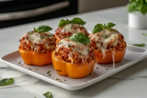 Roasted bell peppers stuffed with ground sausage, rice, and marinara sauce