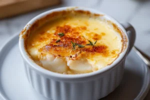 A beautifully styled crab brûlée in a white ramekin with a golden-brown caramelized topping and chunks of crab meat, garnished with fresh herbs and lemon wedges