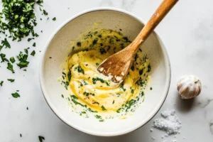 A bowl of creamy yogurt mixed with garlic for Turkish eggs (Çılbır