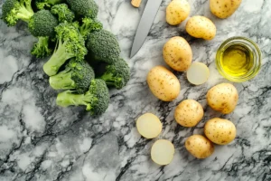 Preparation scene for grilled chicken breast with quinoa and broccoli