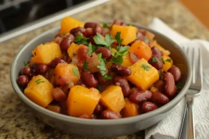 Close-up of delicious kidney beans and squash side dish recipe