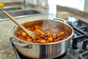 Kidney beans and squash side dish simmering on the stovetop