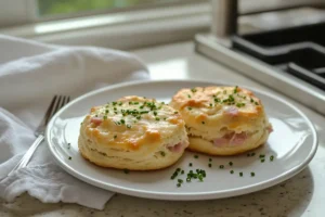 Two ham and jalapeno biscuits on a white plate