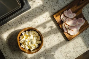 Preparing ham biscuit dough: hands using a biscuit cutter with butter and ham ingredients nearby.