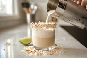 A freshly poured coconut margarita in a glass with a toasted coconut rim, condensation on the sides, and a lime wedge garnish.