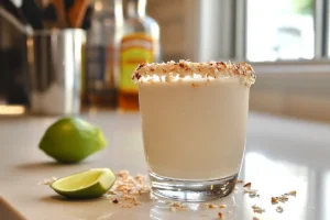 A creamy coconut margarita being poured from a cocktail shaker into a glass with a toasted coconut rim on a white granite countertop.