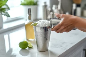 A hand shaking a stainless steel cocktail shaker filled with ice, with lime wedges and tequila on a white granite kitchen countertop