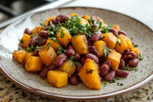 Served kidney beans and squash side dish recipe with parsley garnish