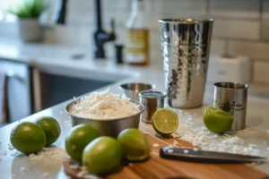 Coconut cream, fresh limes, tequila, and a measuring jigger placed on a slightly messy white granite kitchen countertop, ready for mixing