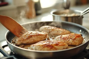 Chicken breasts searing in a stainless steel pan on a stovetop, with steam rising as butter sizzles