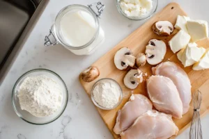 Raw chicken, sliced mushrooms, shredded cheese, sour cream, and other ingredients laid out on a kitchen countertop.