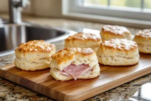 Close-up of freshly baked ham biscuits, a Southern comfort food, on a wooden cutting board.