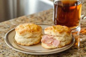 Ham biscuits served on a plate with mustard and sweet tea, a casual and inviting presentation.

