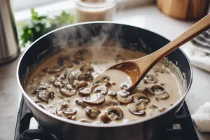 A saucepan with bubbling creamy mushroom sauce, with a wooden spoon stirring the mixture on the stovetop.