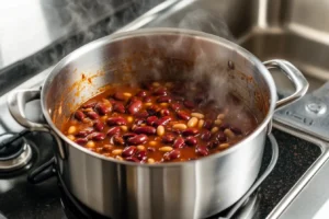 Simmering red kidney beans in pot with sauce