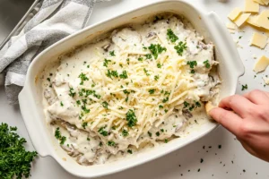 Chicken Gloria in a white baking dish, covered in creamy sauce and shredded cheese, ready for the oven.