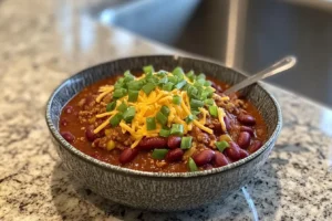 Bowl of chili with toppings featuring red kidney beans