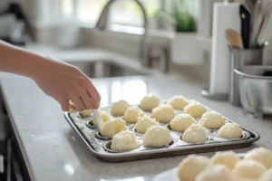 Tray with greased madeleine molds filled with batter on a white granite countertop in a casual home kitchen