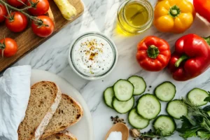 Core Balkan diet ingredients laid out on a kitchen counter