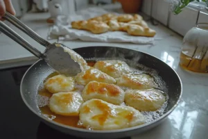 Mekitsa being fried in a pan in a home kitchen