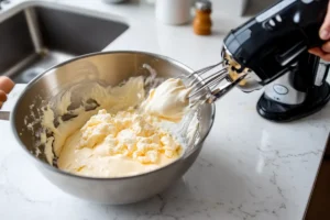 Hand mixing eggs and sugar in a bowl on a white granite countertop in a casual kitchen. 