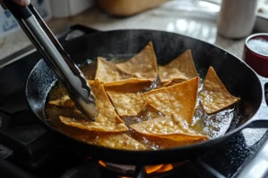 Tortilla triangles sizzling in a shallow cast-iron pan filled with bubbling oil, turning golden brown as they fry.