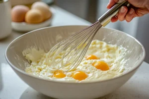 Hand whisking light, frothy batter in a bowl on a white granite countertop