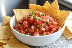 Close-up of homemade tortilla chips surrounding a bowl of fresh tomato salsa on a casual white granite countertop, highlighting the question Are chips and salsa a healthy snack?