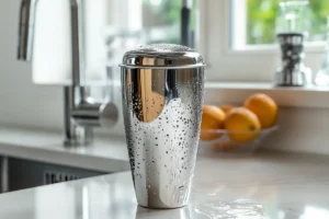 Hand shaking a stainless steel cocktail shaker with condensation forming, preparing a 3-2-1 margarita in a home kitchen