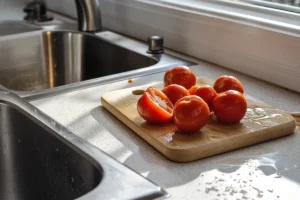 dicing Roma tomatoes on a cutting board in a casual home kitchen.

