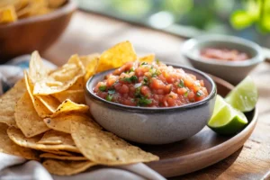 A bowl of fresh salsa garnished with cilantro, served with crispy tortilla chips on a casual wooden dining table with natural light