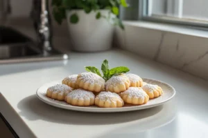 A plate of beautifully arranged madeline cookies with light garnishes on a white granite countertop. 