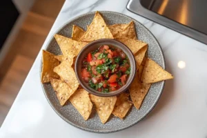 Finished plate of homemade tortilla chips and bright salsa garnished with fresh herbs on a casual countertop, asking Are chips and salsa a healthy snack