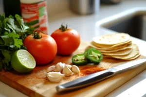 A wooden cutting board with diced tomatoes, a halved lime, fresh cilantro, jalapeños, and garlic, arranged casually on a white granite countertop