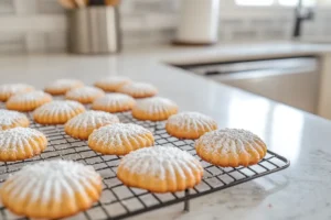 Freshly baked madeline cookies cooling on a wire rack in a casual kitchen. 