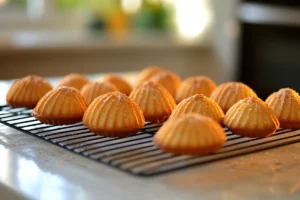 Freshly baked madeleines on a cooling rack on a white granite countertop in a casual home kitchen