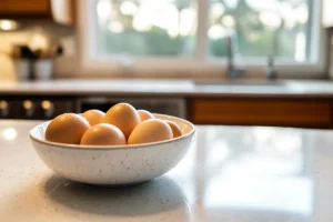 Room temperature eggs and butter on a white granite countertop with a preheated oven in a casual home kitchen