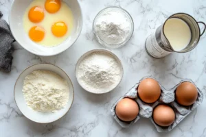 Ingredients for madeline cookies arranged on a white granite countertop in a casual kitchen