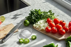 Fresh salsa ingredients including tomatoes, onions, jalapeños, lime, and cilantro arranged on a white granite countertop with a wooden cutting board.
