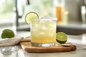 A finished 3-2-1 margarita served with a salted rim and lime wedge on a wooden board, with salt and lime peels nearby