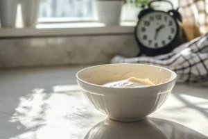 Batter resting in a bowl on a white granite countertop in natural light