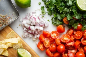 Fresh tomatoes, onions, peppers, lime halves, and cilantro laid out on a lightly messy countertop with a knife and spice packets, exploring Are chips and salsa a healthy snack