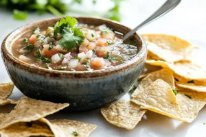 A bowl of freshly made salsa served with tortilla chips on a wooden table, with lime wedges and a napkin nearby.