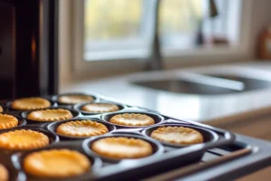 Madeline pan in an oven with cookies starting to bake on a white granite countertop. 