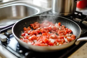 Pan filled with sizzling tomatoes, onions, and peppers browning at the edges for salsa, emphasizing Are chips and salsa a healthy snack