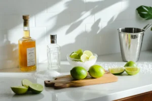 Tequila, orange liqueur, fresh limes, salt, and a cocktail shaker arranged on a white granite countertop for making a 3-2-1 margarita