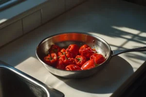 A bowl filled with fresh diced tomatoes, peppers, onions, and herbs being mixed with a wooden spoon.

